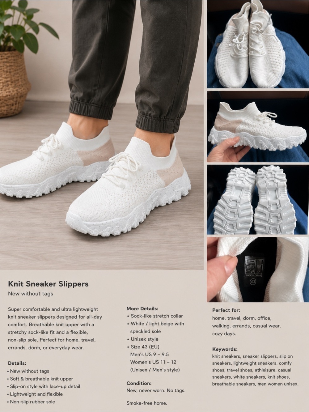 Knit Sock-Style Sneakers in White & Light Beige